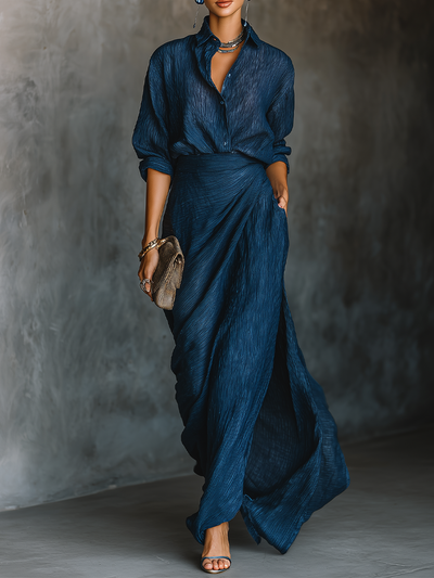 Set Gonna Lunga e Camicia Elegante in Cotone e Lino Blu Scuro