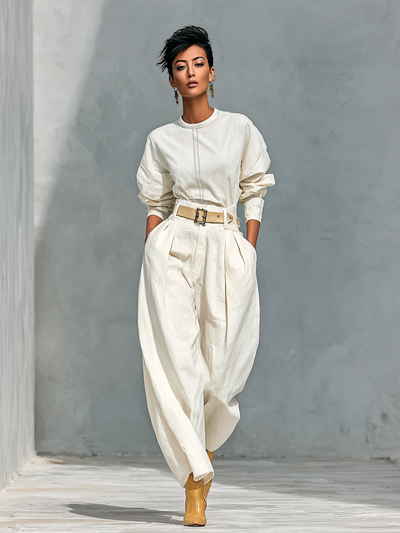 Set di Camicia a Maniche Lunghe e Pantaloni Larghi in Cotone e Lino