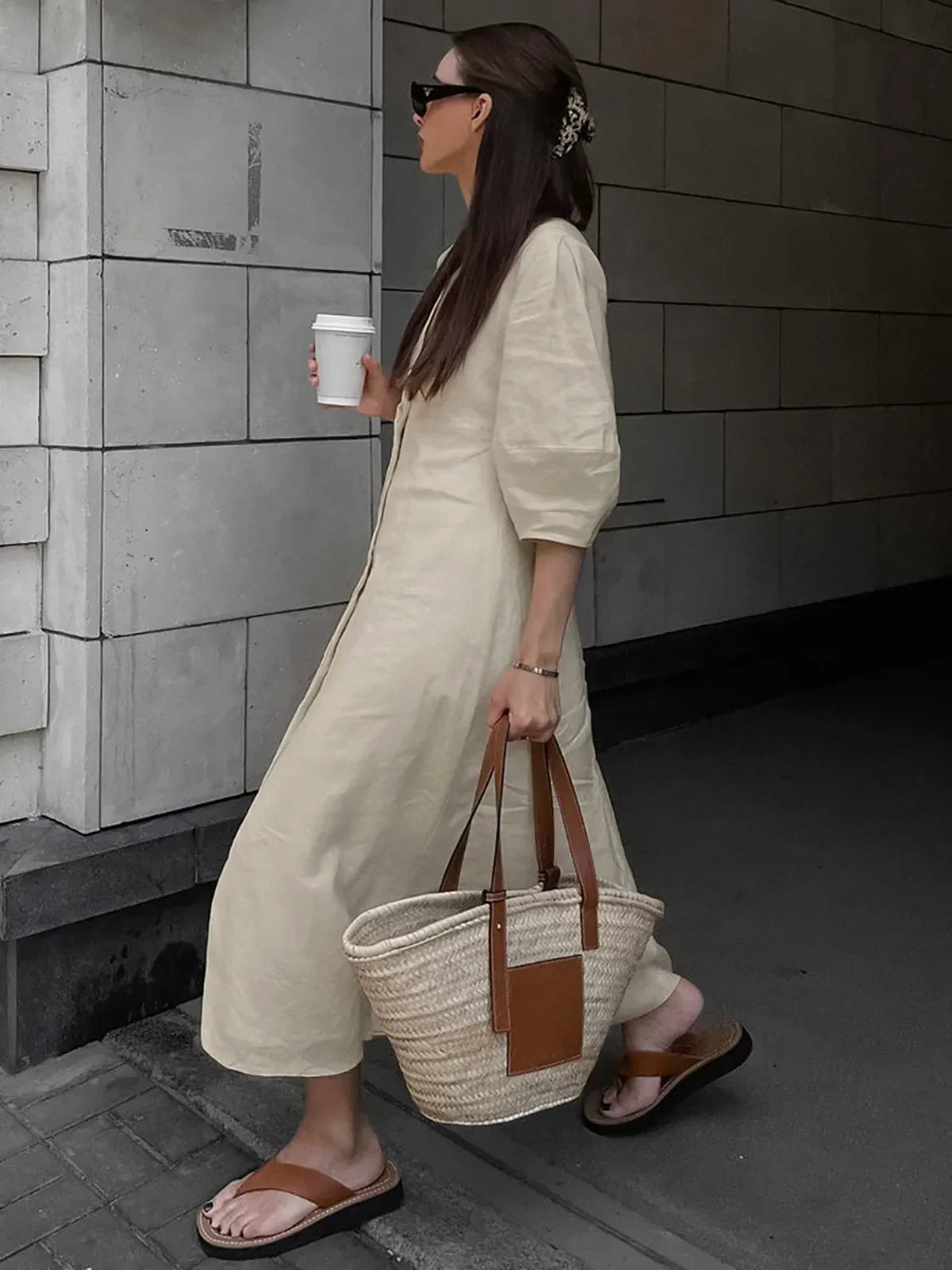 Margot® | Abito lungo annodato in cotone e lino con bottoni