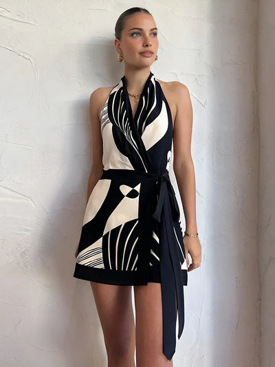 Sophie® | Abito Corto Halter con Stampa a Contrasto