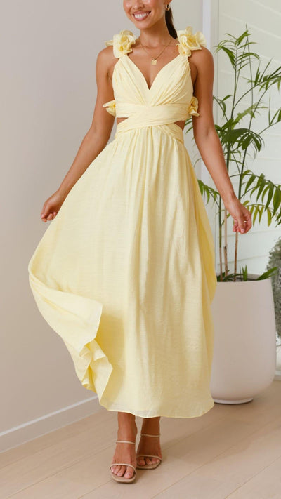 Zsófia® | Abito Maxi Giallo con Righe e Spalline a Volant