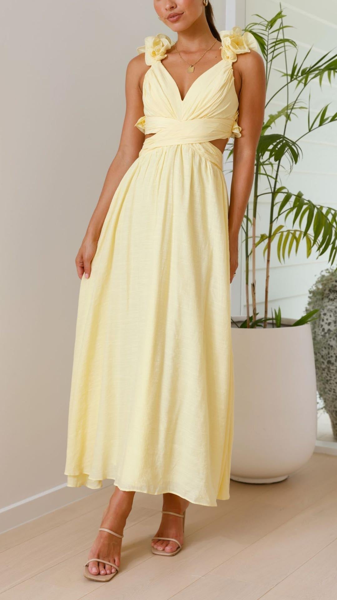 Zsófia® | Abito Maxi Giallo con Righe e Spalline a Volant