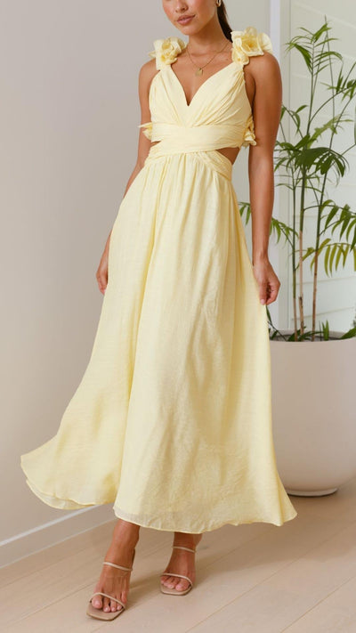 Zsófia® | Abito Maxi Giallo con Righe e Spalline a Volant