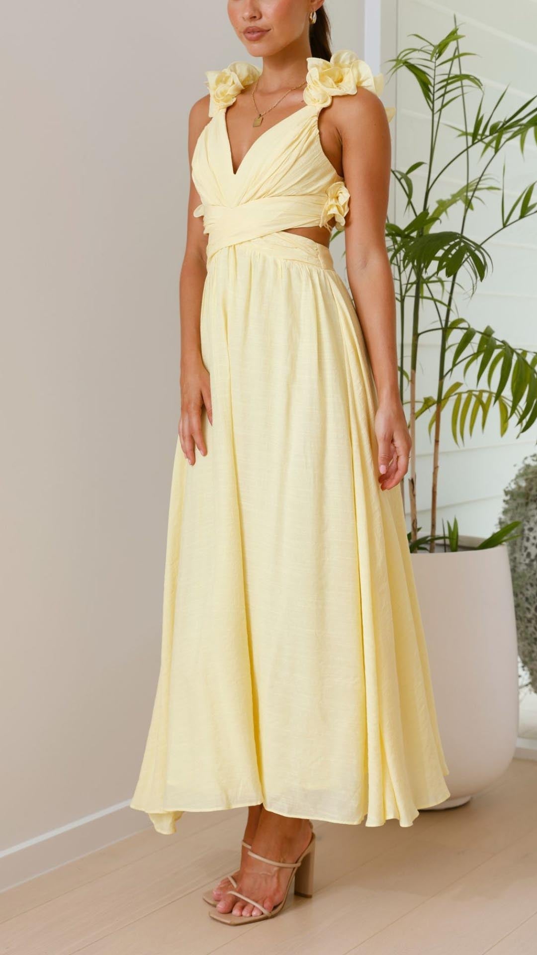 Zsófia® | Abito Maxi Giallo con Righe e Spalline a Volant