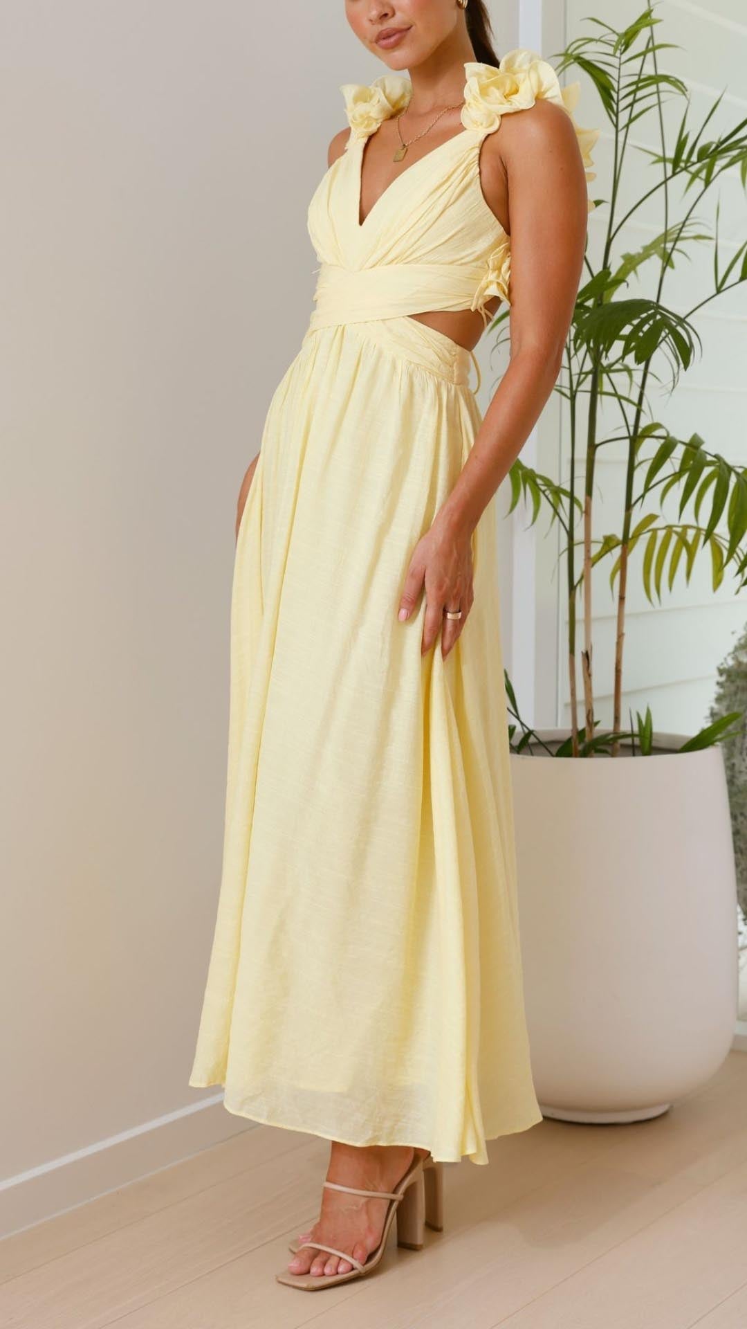 Zsófia® | Abito Maxi Giallo con Righe e Spalline a Volant