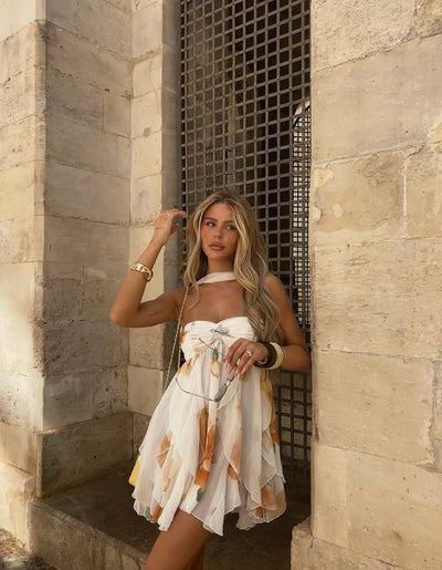 Isabel | Abito Mini Stampato con Scollo Halter e Volant