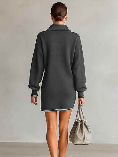 Abito Mini in Maglia Larga con Collo Polo e Zip