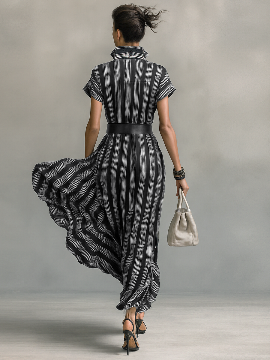 Abito Maxy Chiffon Stampato a Righe con Colletto e Maniche Corte per Donna con Cintura