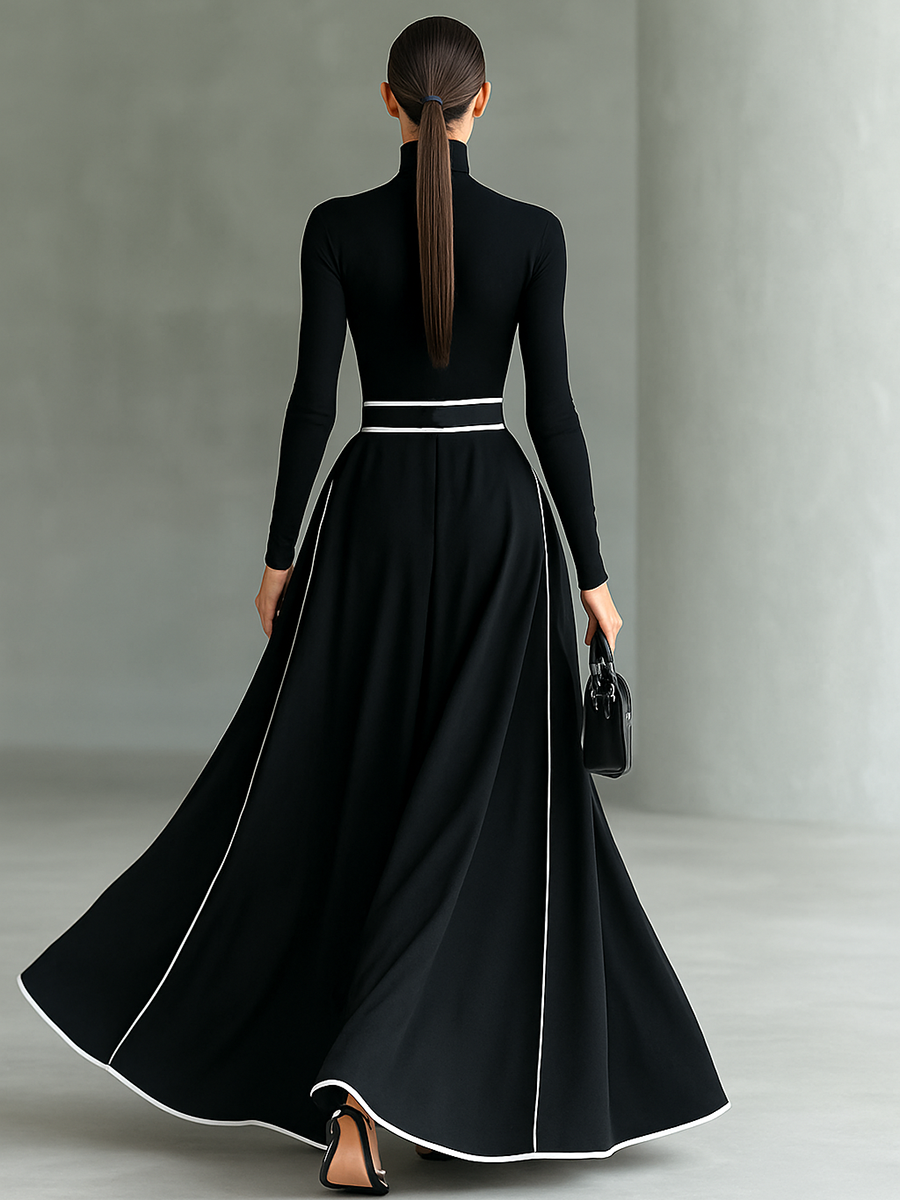 Abito Maxi Nero con Cuciture Bianche, Collo Alto, Maniche Lunghe e Cintura Fitta