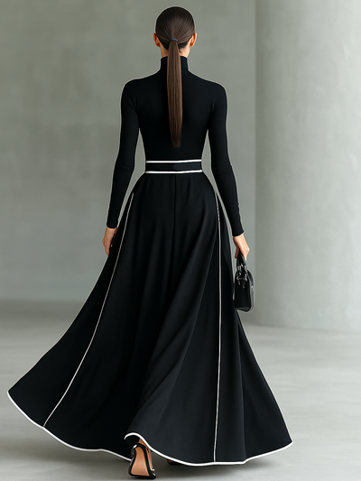 Abito Maxi Nero con Cuciture Bianche, Collo Alto, Maniche Lunghe e Cintura Fitta
