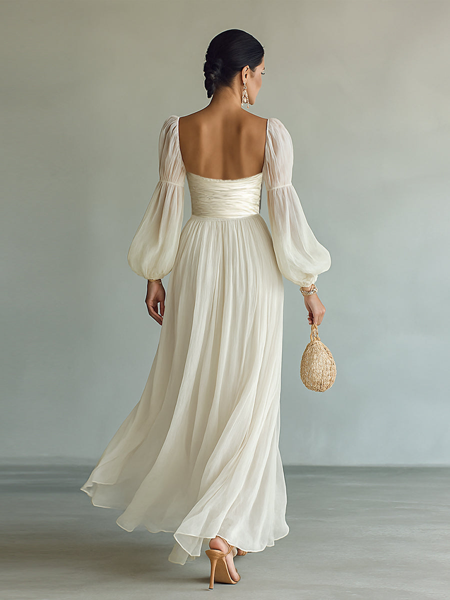 Abito Maxi in Chiffon da Donna con Scollatura Quadrata e Maniche Lunghe