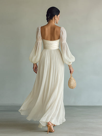 Abito Maxi in Chiffon da Donna con Scollatura Quadrata e Maniche Lunghe