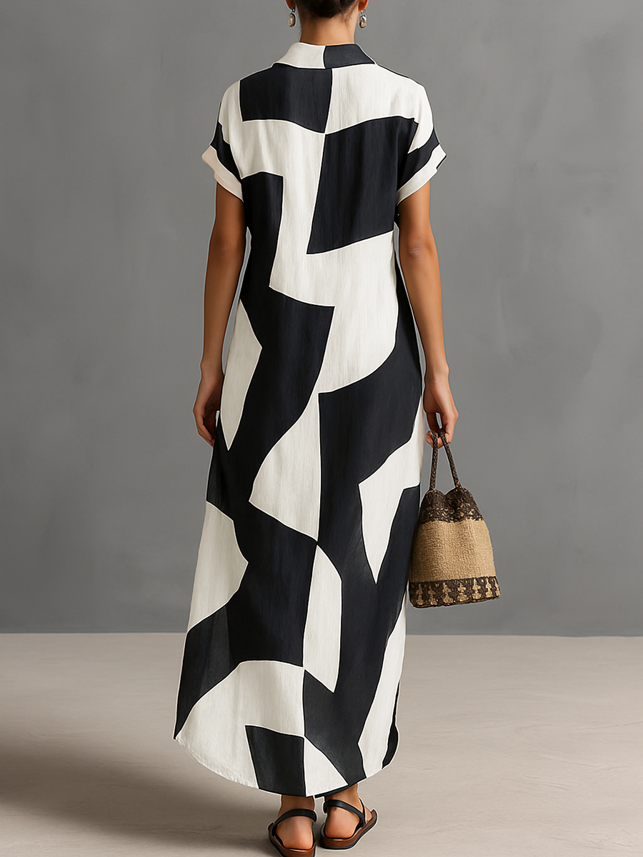 Abito Camicia Maxi in Chiffon Donna con Stampa Geometrica Irregolare e Collo a Revers, Maniche Corte, Bottone Singolo