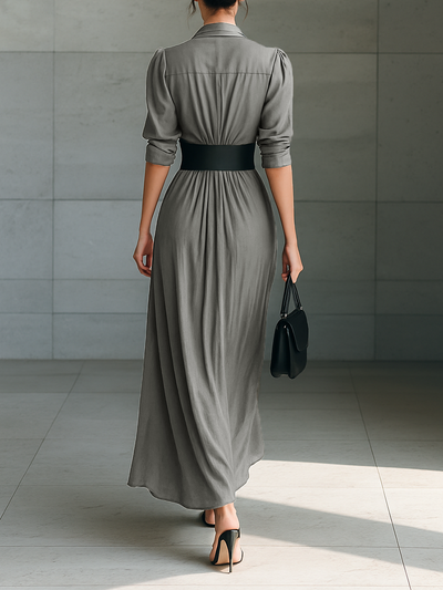 Abito Maxi con Collo a Revers e Maniche Lunghe