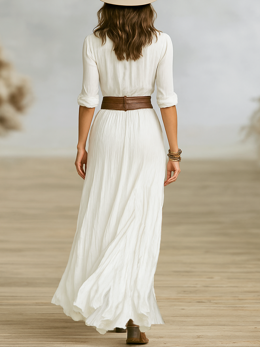 Abito Maxi Lungo Donna in Cotone e Lino Imitazione con Collo a Revers
