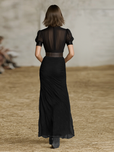 Abito Maxi in Chiffon Pieghettato con Rever e Maniche Corte