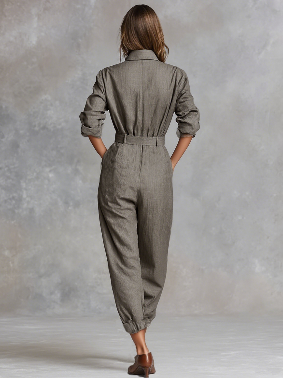Tuta Camicia a Maniche Lunghe in Cotone e Lino