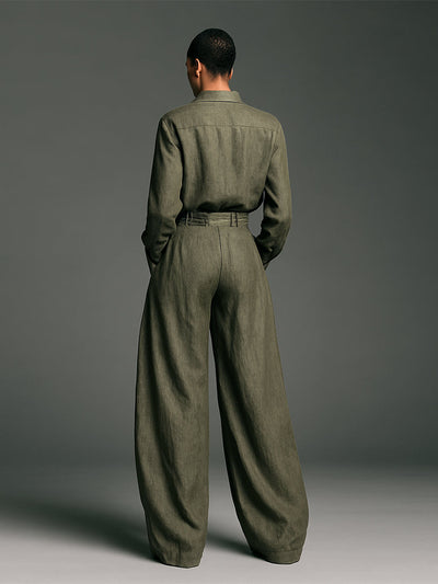 Set Due Pezzi Donna in Cotone e Lino con Camicia a Maniche Lunghe e Pantaloni a Gamba Larga