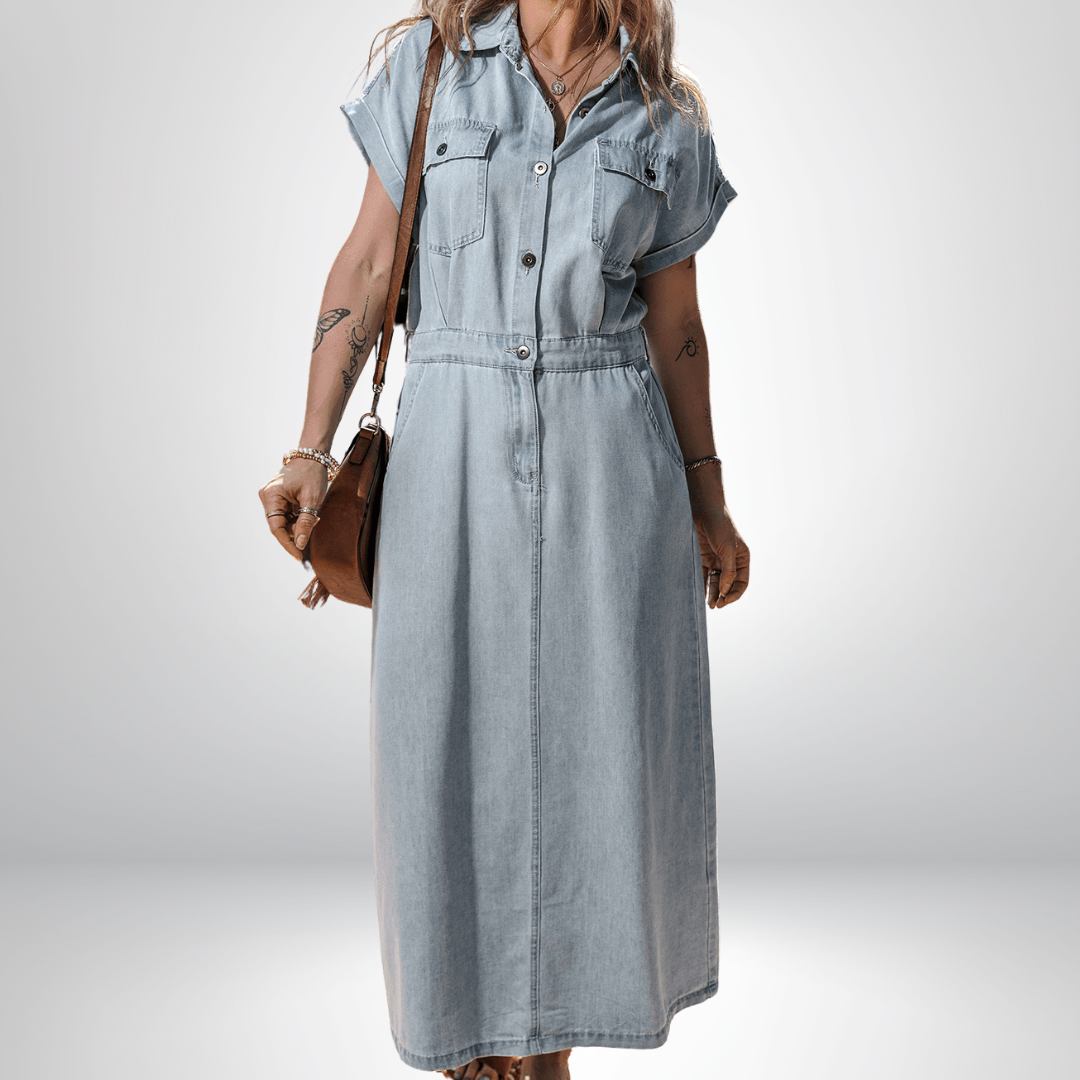 Sofia® | Elegante Vestito in Denim con Maniche a Pipistrello Corte