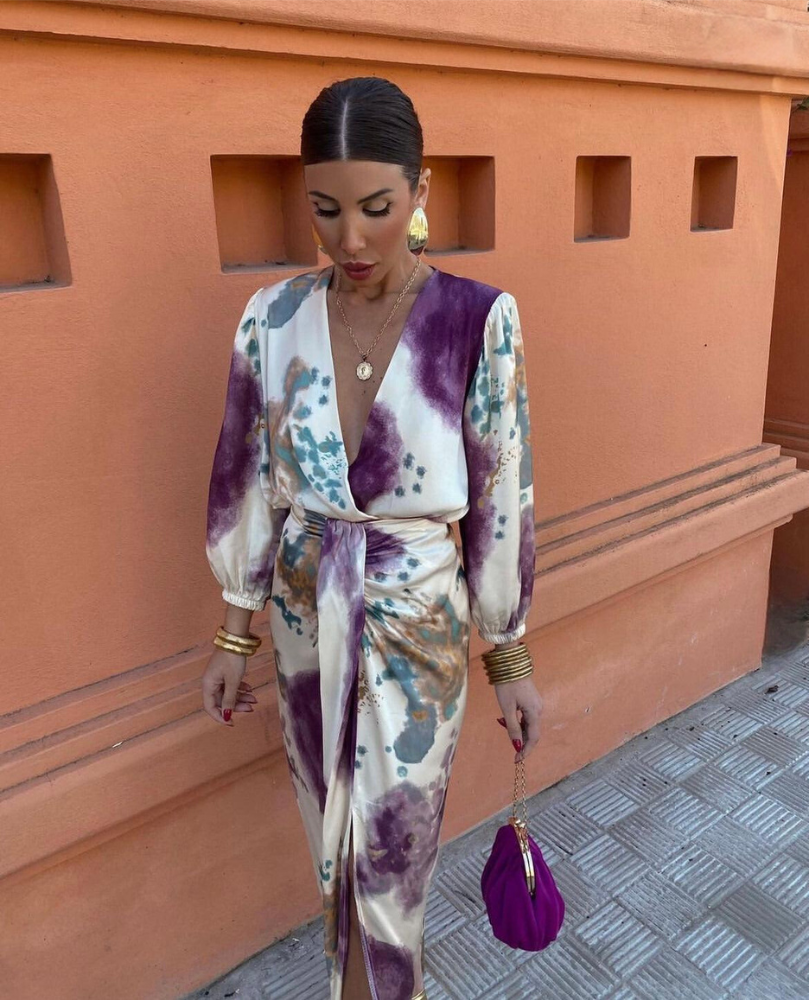 Davina - Elegante Abito Maxi con Scollatura a V e Maniche Lunghe