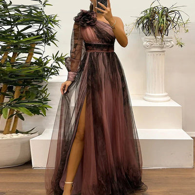 Judith - Maxi Dress in Stile Trendy con Stampa in Rete a Spalla Unica