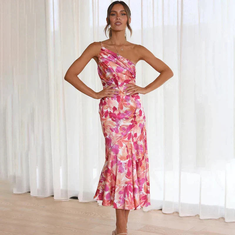 Nyssara - Elegant One-Shoulder Floral Dress