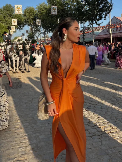 Moriah - Abito V-Neck Arricciato al Tramonto