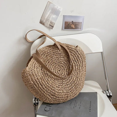 Juliette - Borsa da Spiaggia Rotonda in Rattan di Paglia Intrecciata a Mano