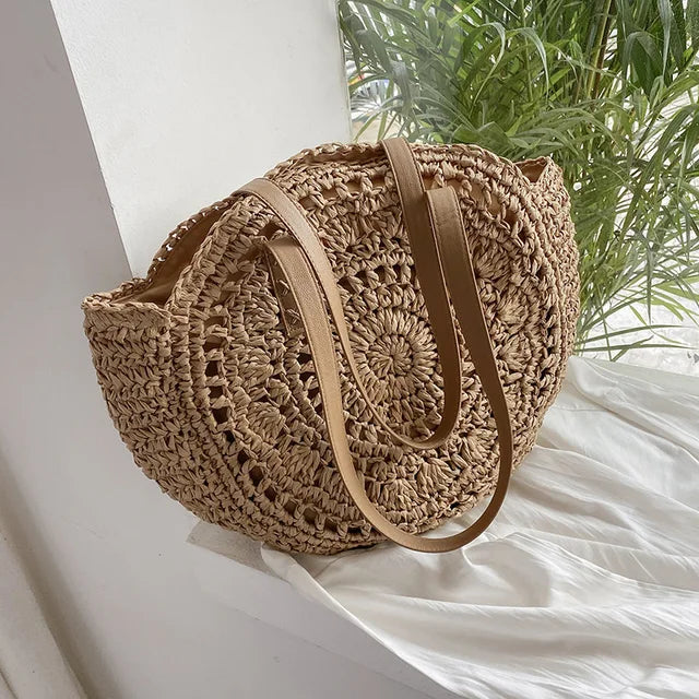 Juliette - Borsa da Spiaggia Rotonda in Rattan di Paglia Intrecciata a Mano
