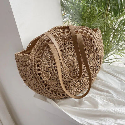 Juliette - Borsa da Spiaggia Rotonda in Rattan di Paglia Intrecciata a Mano