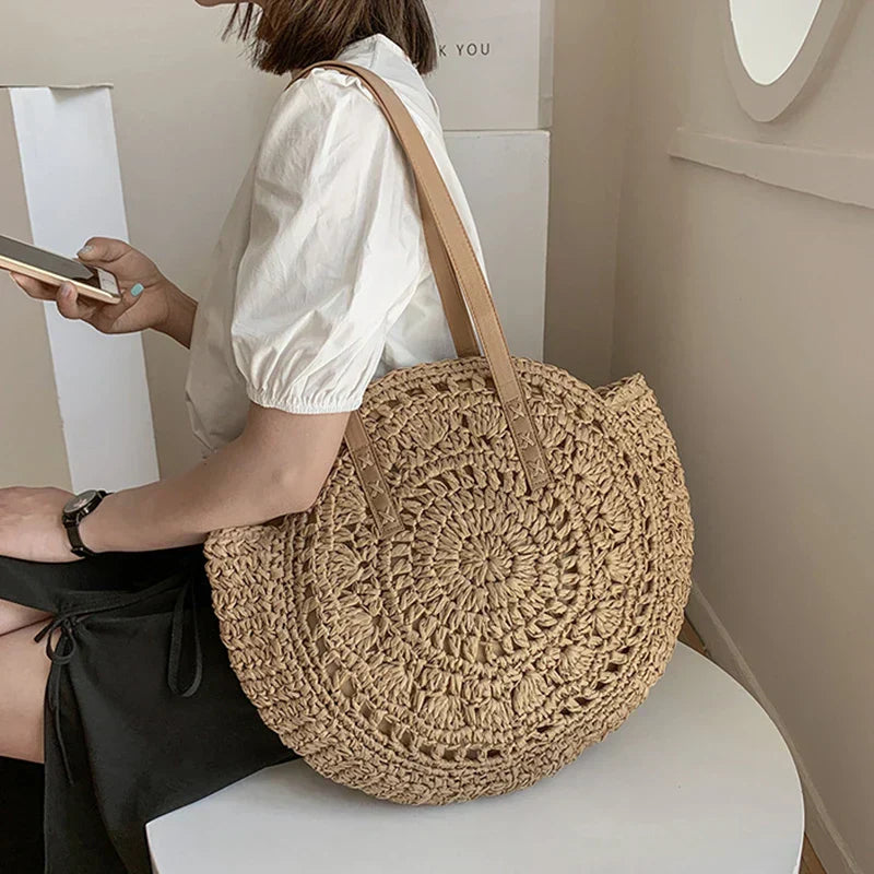 Juliette - Borsa da Spiaggia Rotonda in Rattan di Paglia Intrecciata a Mano