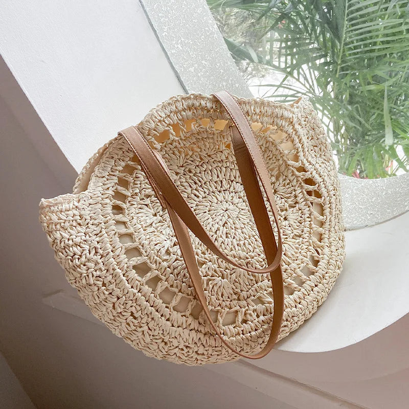 Juliette - Borsa da Spiaggia Rotonda in Rattan di Paglia Intrecciata a Mano