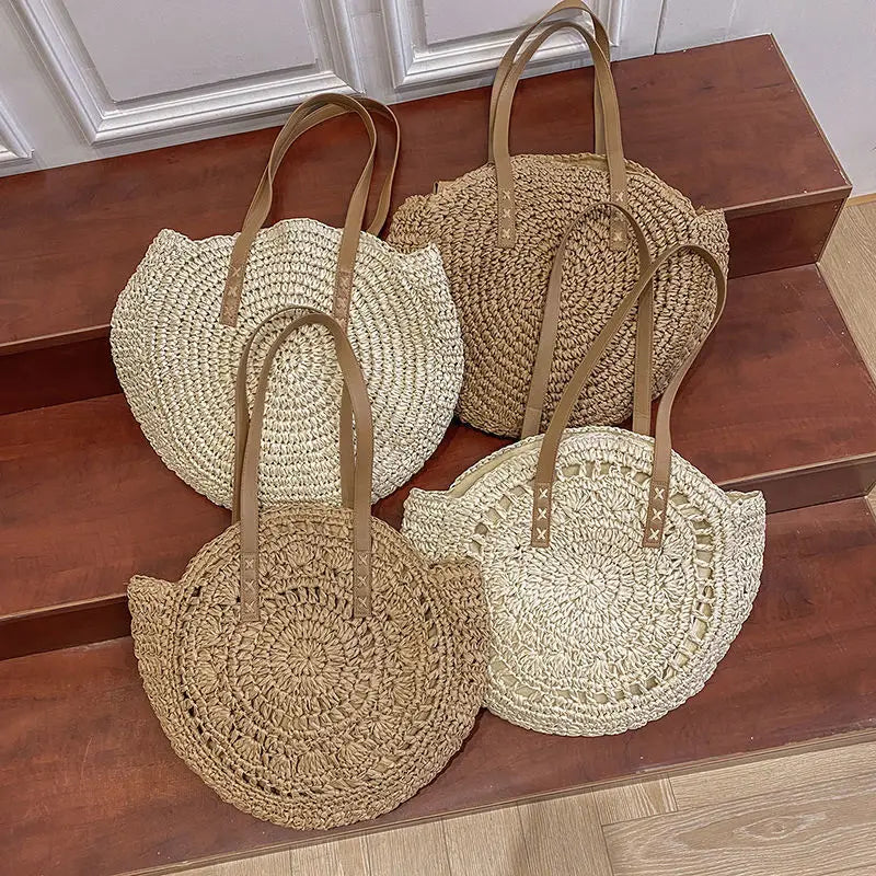 Juliette - Borsa da Spiaggia Rotonda in Rattan di Paglia Intrecciata a Mano