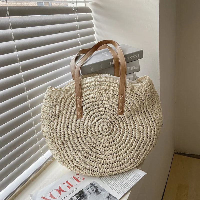 Juliette - Borsa da Spiaggia Rotonda in Rattan di Paglia Intrecciata a Mano