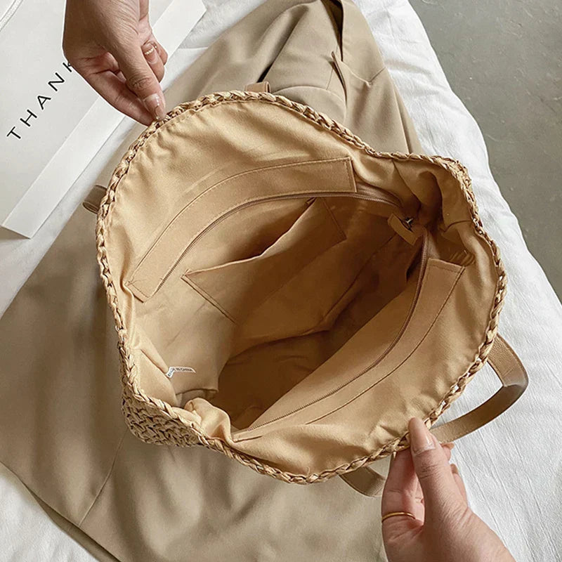 Juliette - Borsa da Spiaggia Rotonda in Rattan di Paglia Intrecciata a Mano