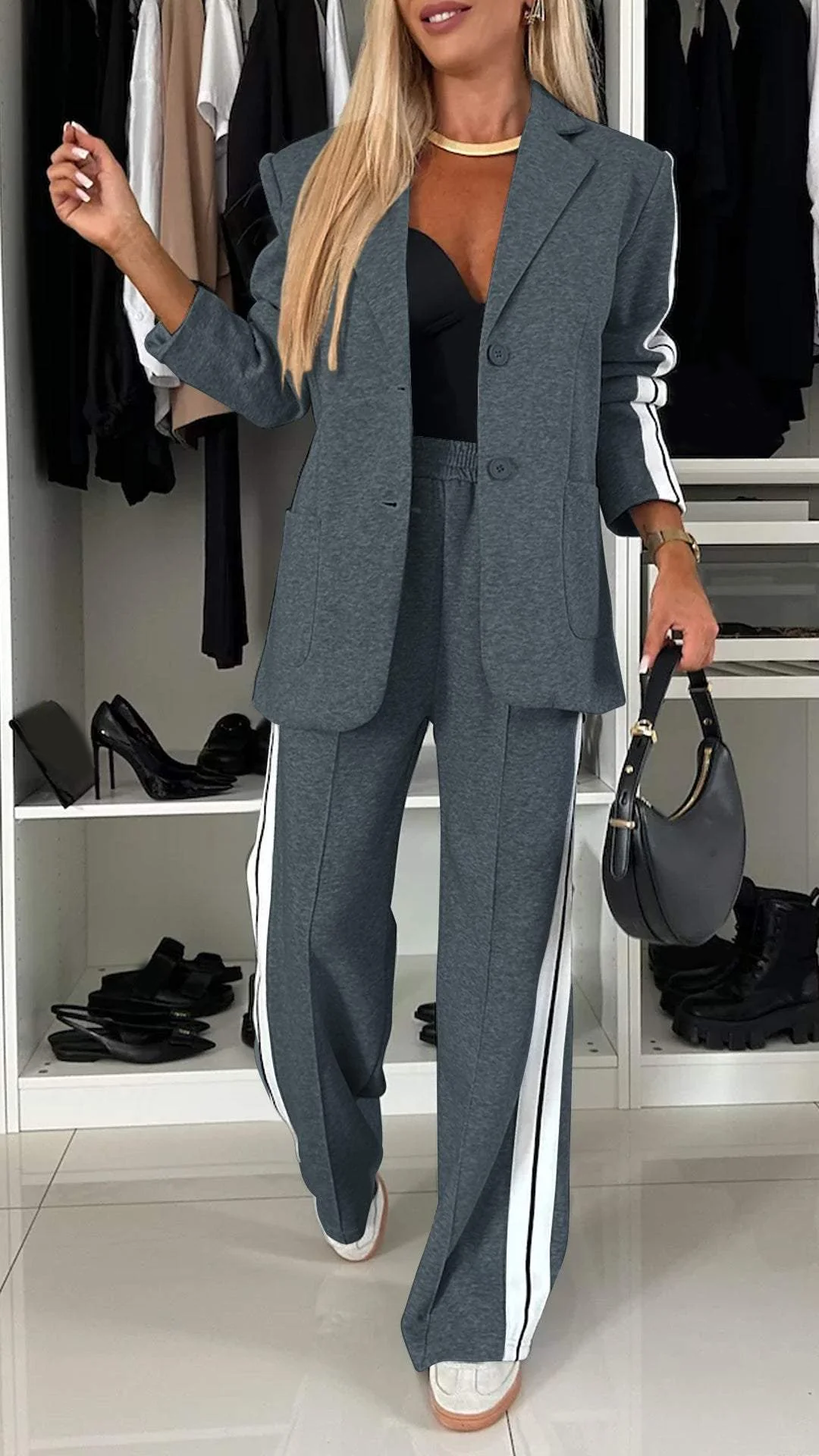 Vada - Set Top e Pantaloni con Collo a Risvolto a Contrasto per Donne