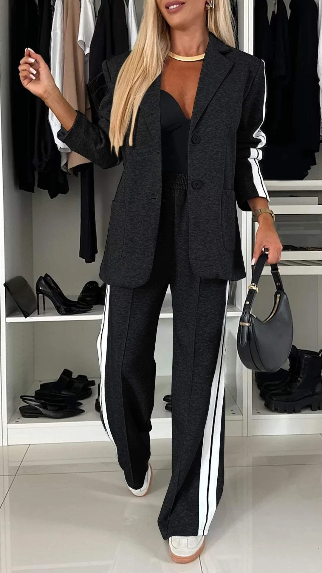 Vada - Set Top e Pantaloni con Collo a Risvolto a Contrasto per Donne