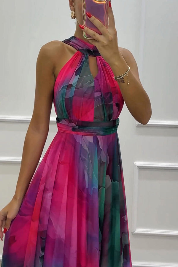 Elaine - Abito Maxi in Tulle con Stampa Floreale, Cut-Out e Nodo al Collo