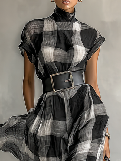 Abito Maxi in Chiffon a Quadri con Collo Alto e Maniche Corte