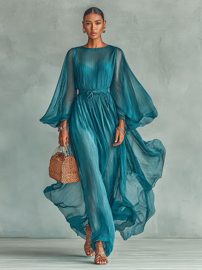 Abito Maxi in Chiffon con Collo Rotondo e Maniche Lunghe per Donna, con Vita Regolabile