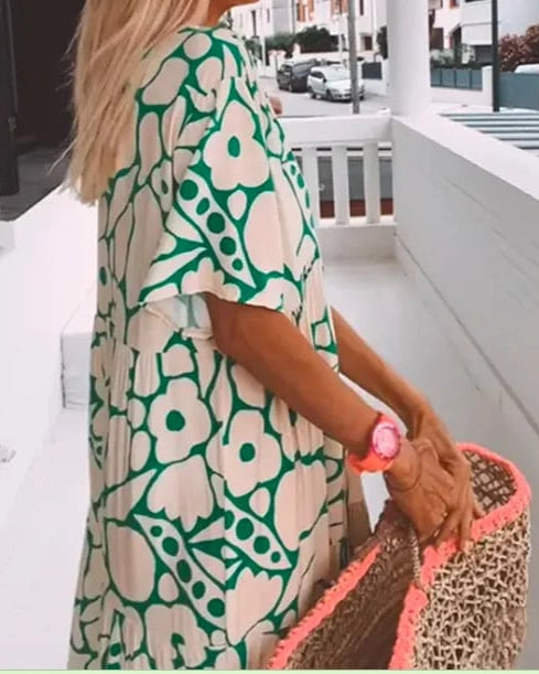 Flora - Relaxed Floral Deep V-Neck Long Dress