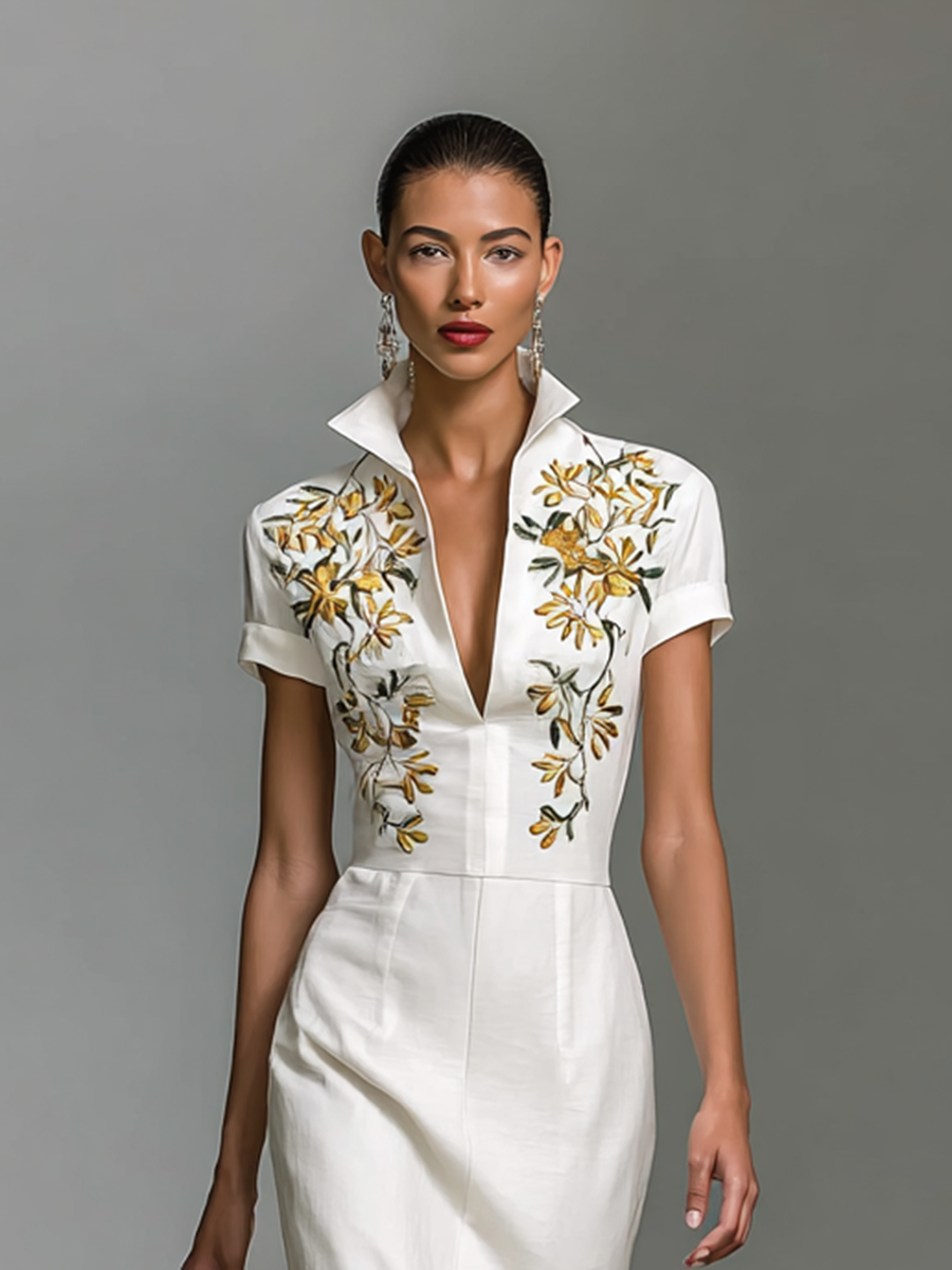 Abito Midi Donna Ricamato con Scollo a V e Maniche Corte