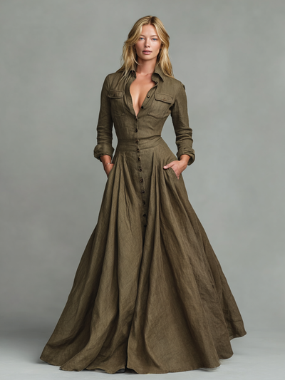 Abito Maxi Vintage in Cotone e Lino per Donna con Design a Camicia