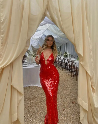 Ivy - Vestito da sera con spalline sottili e paillettes glitterate
