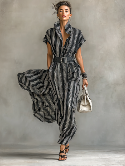 Abito Maxy Chiffon Stampato a Righe con Colletto e Maniche Corte per Donna con Cintura