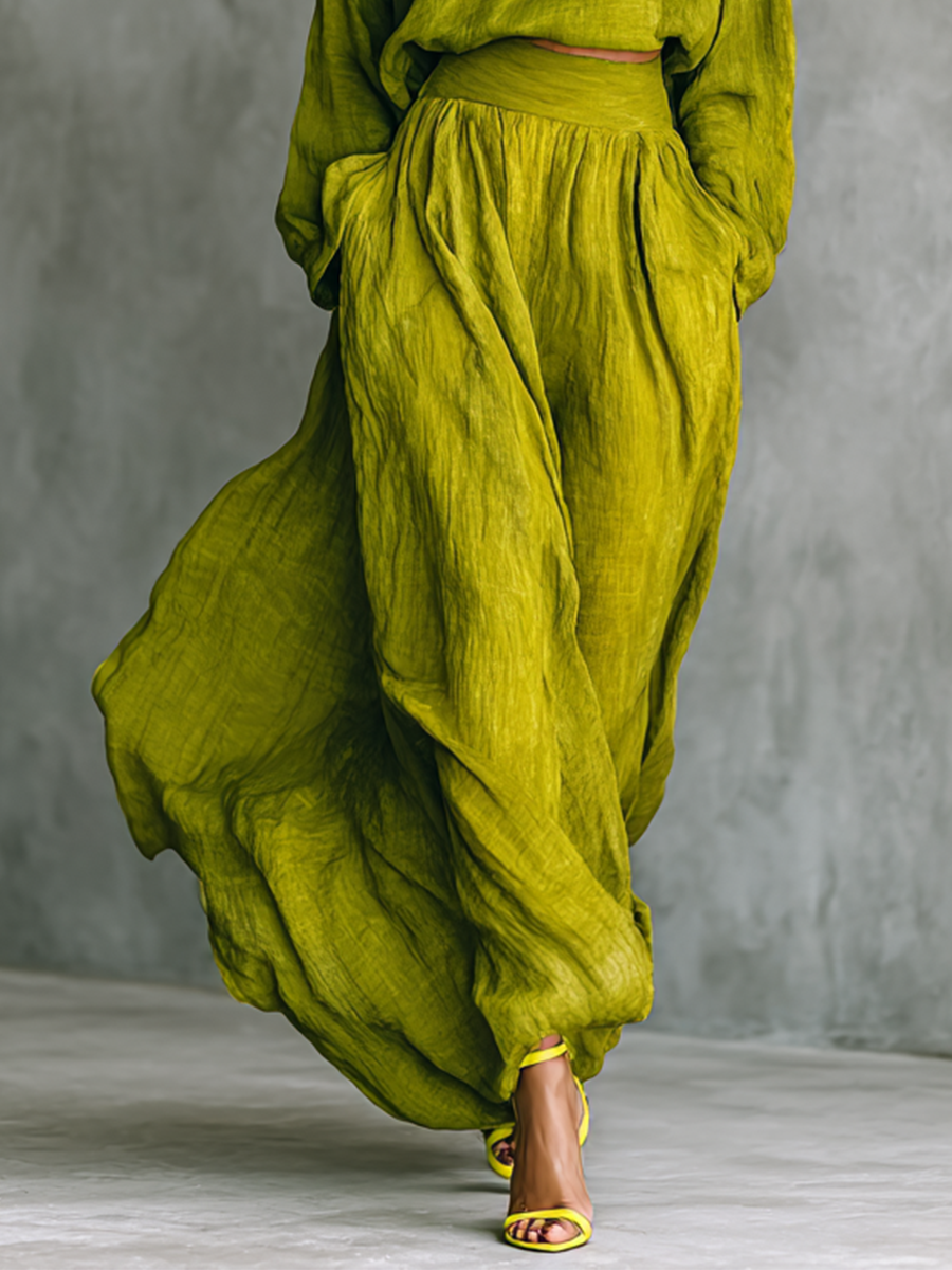 Completo da donna verde in misto cotone e lino