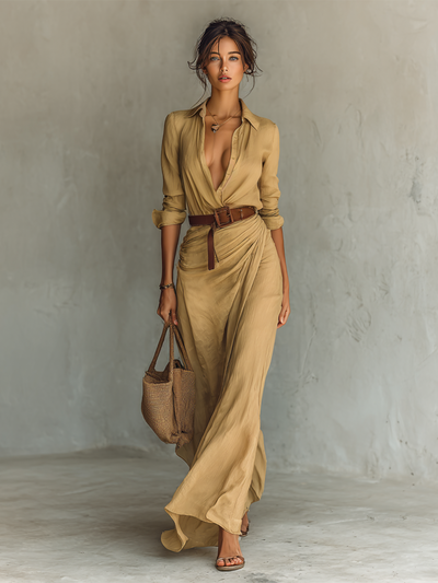 Abito Maxi Lungo con Collo a Revers e Cintura Inclusa