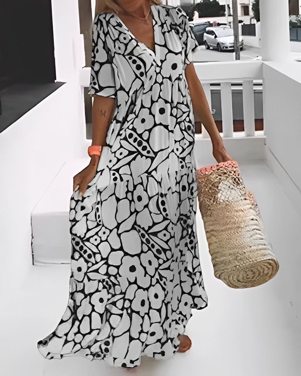 Flora - Relaxed Floral Deep V-Neck Long Dress