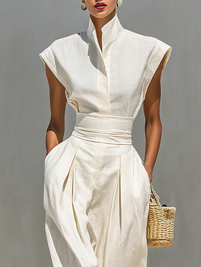 Abito Maxi in Cotone Puro con Collo a Revers e Maniche a Cappuccio