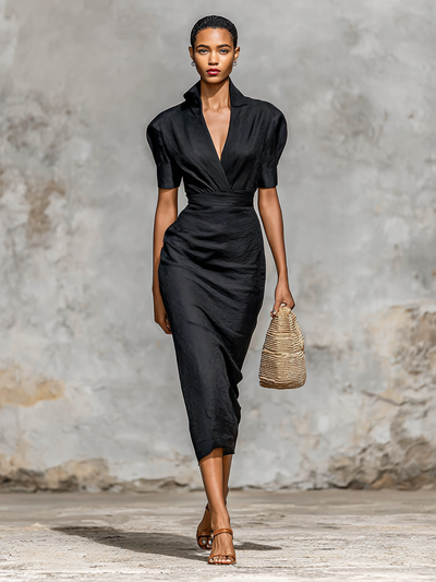 Abito Midi Donna Monocromatico con Collo a V e Maniche Corte